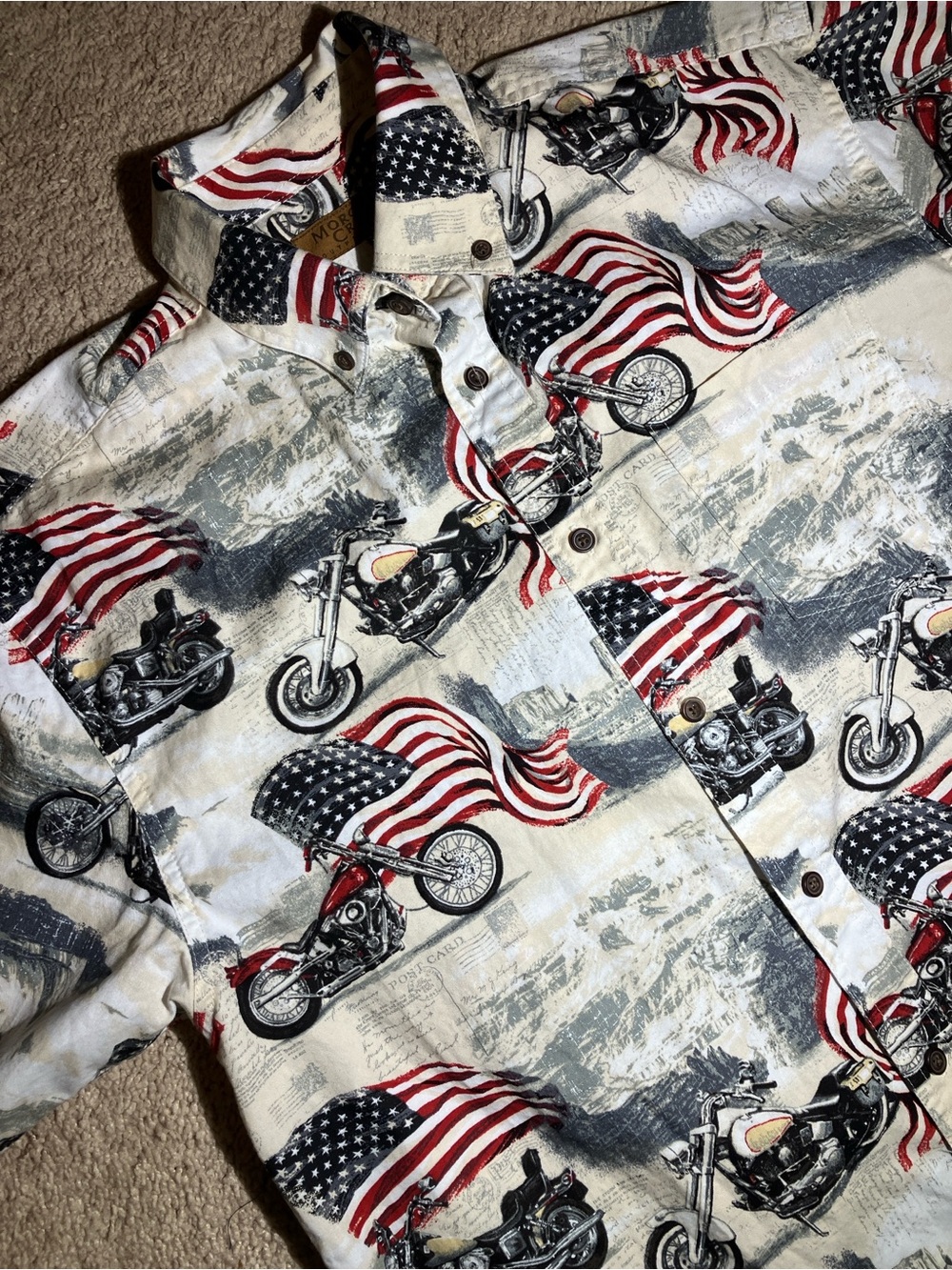 Men's Short-Sleeve American Flag Motorcycle Print Shirt - White/Red/Blue